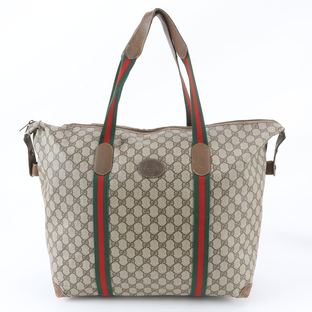 Gucci GG Supreme Sherry Line Leather Boston Bag Tote Travel Brown Men's